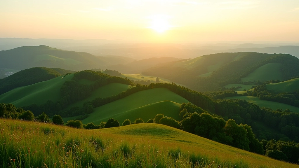 Panoraminis vaizdas iš Šiaulėnų kalvių, ryto šviesa apšviesiant žalius laukus ir tolimus miškus